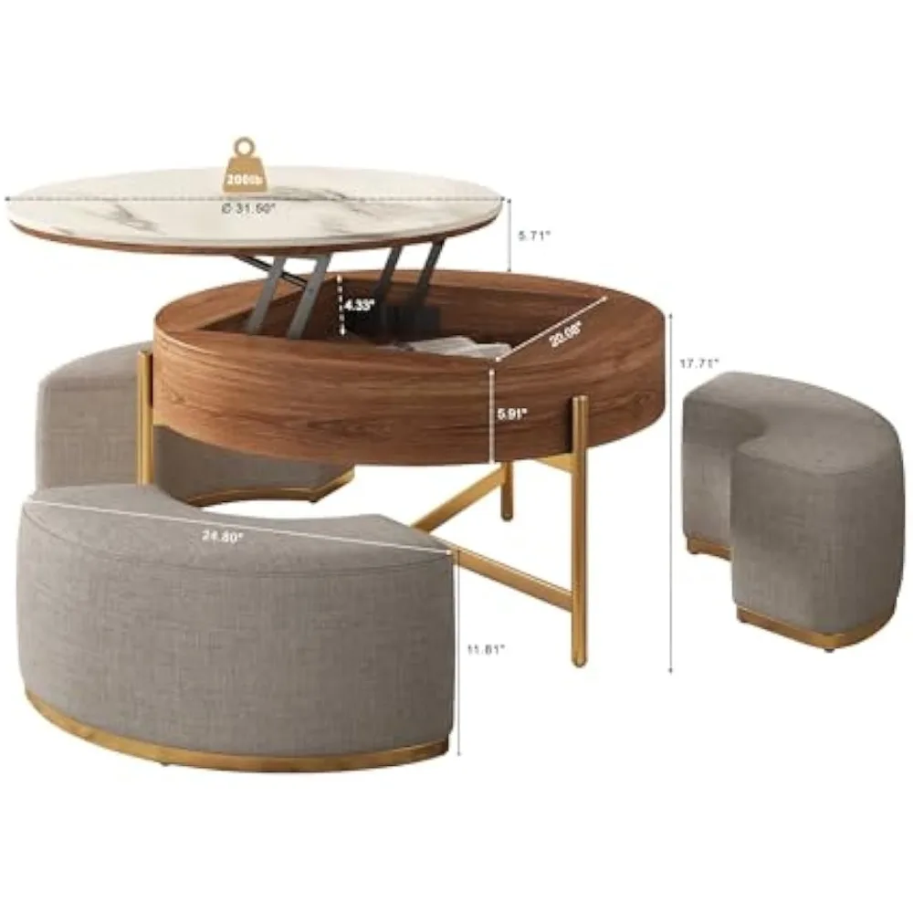 32'' Lift Top Coffee Table Set, Round Marble Coffee Table with Storage and Nesting Ottomans - Modern and Functional Living Room