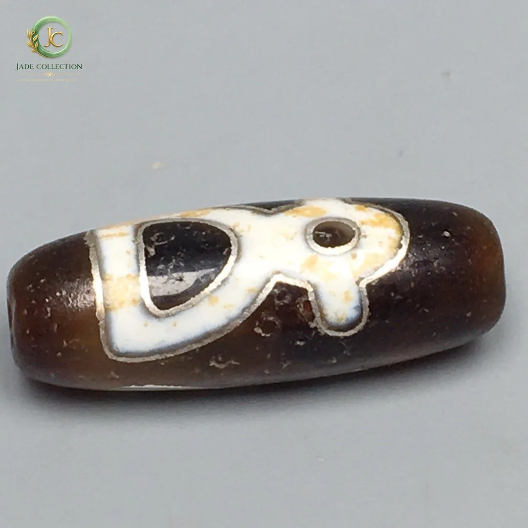 Energy Tibetan Old Agate Dzi Inlaid Silver Wire God of Wealth Bead Amulet S0528