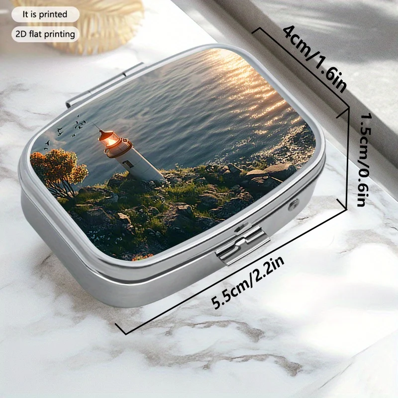 Lighthouse 2 Pattern Innovative Square Multi-Layer Sealed Box, Simple Portable Sealed Box, Metal Sealed Box Suitable for Home Use, Outdoor Travel, Portable Sealed Box, Classification Storage Box, Printed Locations May Vary