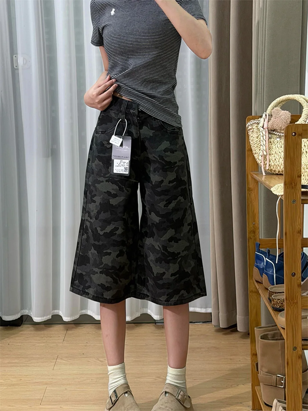 Calça Jeans Feminina Americana Estilo High Street Camuflada de Perna Larga, Comprimento 7/8, Nova Coleção de Verão, Versátil,...
