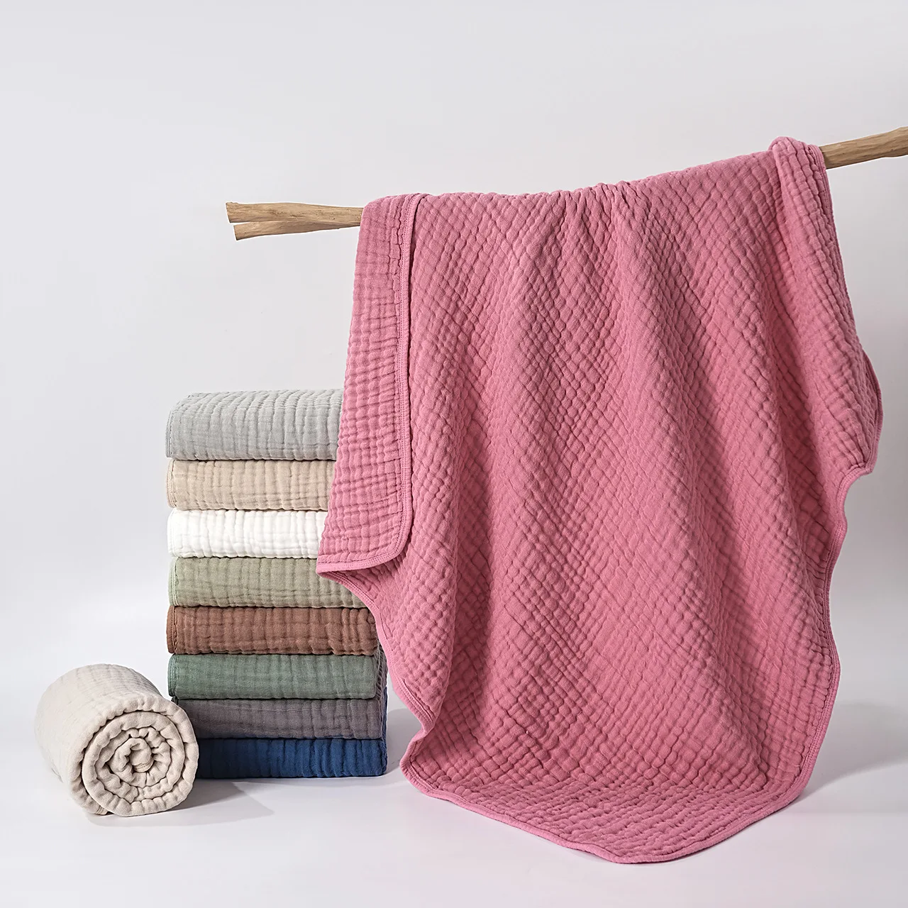 Pure Color Hemmed Bath Towel, Pure Cotton 100% Six-layer Plain Weave Fine Gauze Blanket for Newborn Babies Children absorb sweat