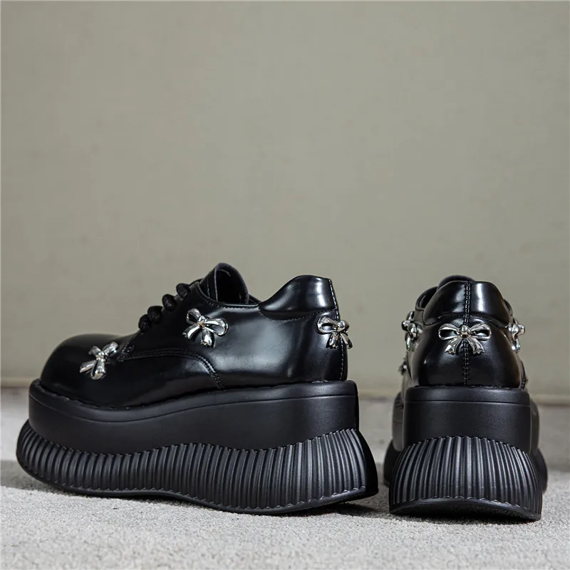 2025 플랫폼 로퍼 여성용 봄 소프트솔 논슬립 브리티시 컬리지 스타일 레이스업 리본 작은 가죽 신발