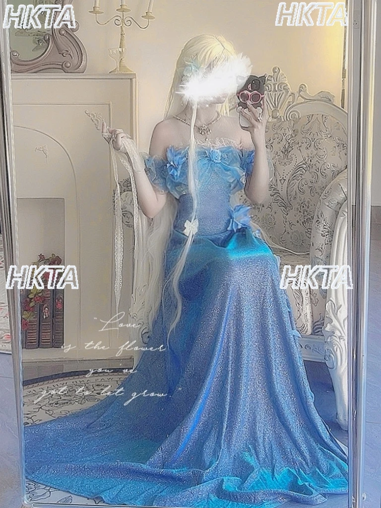 Elegante prachtige handgemaakte blauwe gepolariseerde groene prinsessenjurk zomer zoet uit de schouder slanke verjaardag swingende jurk dames