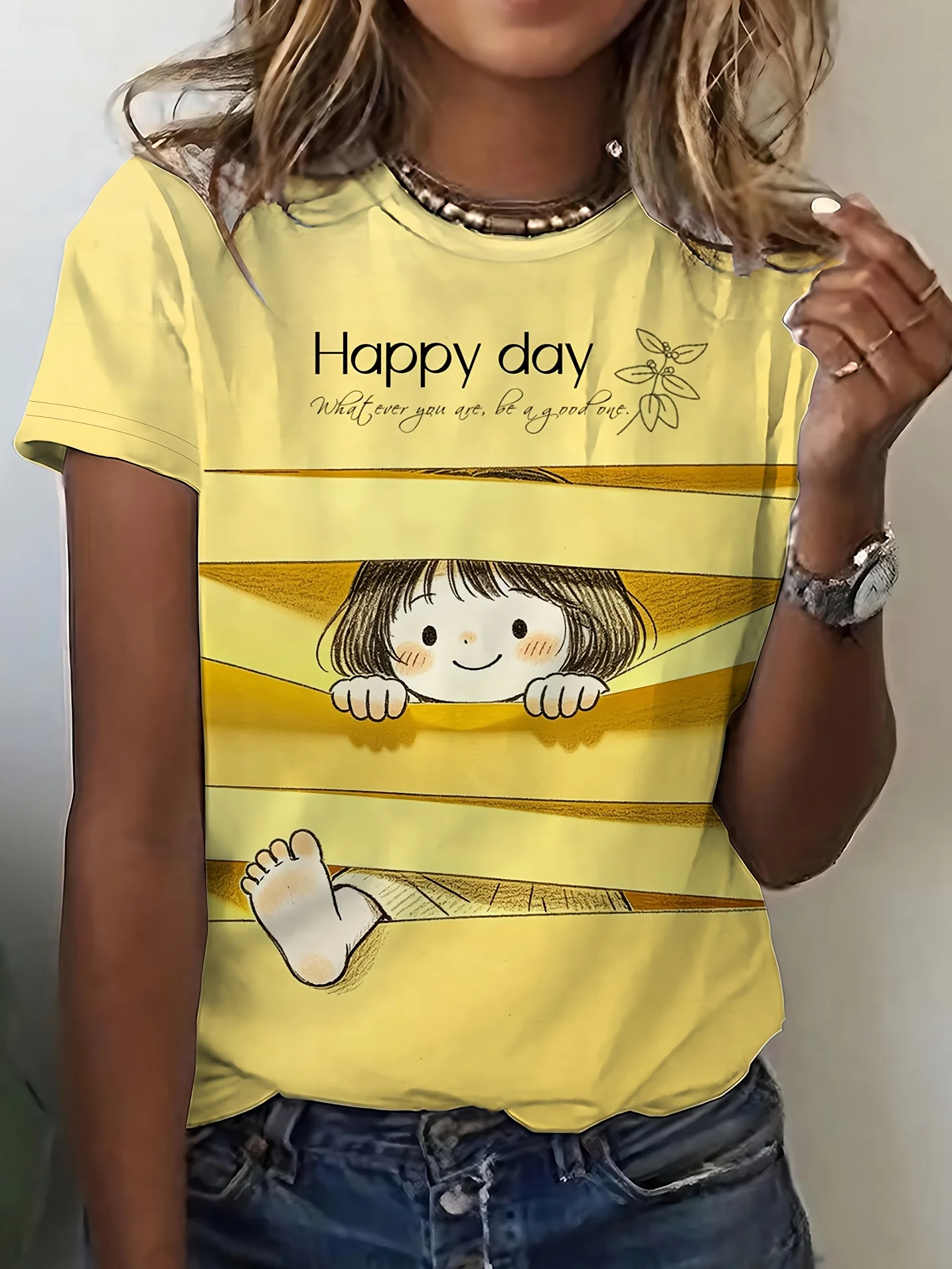 Women T‑shirt Short Sleeve Happy Day Cute Cartoon Girl Stripe Graphic Print O‑neck Casual Daily Summer Fashion Tee New Top