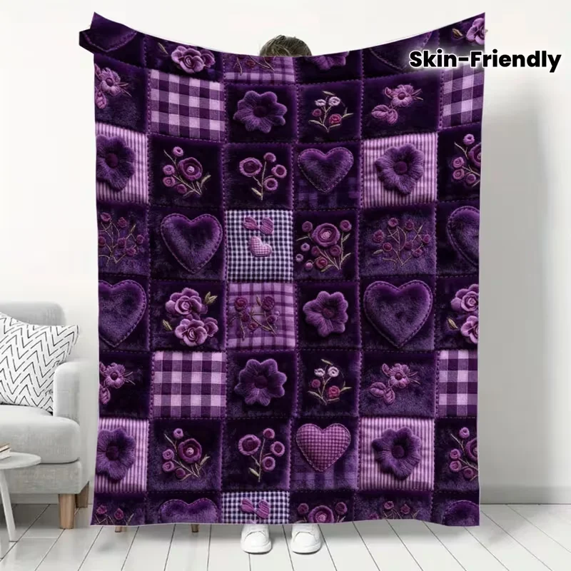1pc Christmas, Halloween, Birthday Holiday English Label Vintage Patchwork Style Purple Flannel Blanket Embroidered Flowers