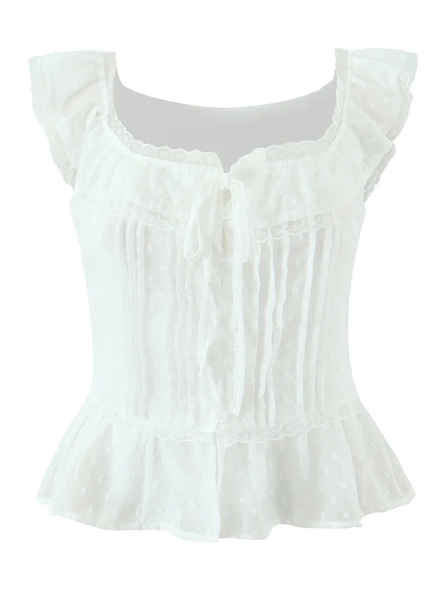 

French Style Pure Desire Lace Splice Square Collar Gathered Waist Sleeveless Shirt Women Summer Anti-Aging Top Short Length
