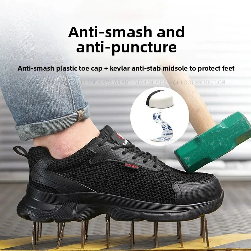 summer mesh safety shoes breathable work sneakers with plastic toe black work shoes anti slip industrial tennis shoes for men - Image 3