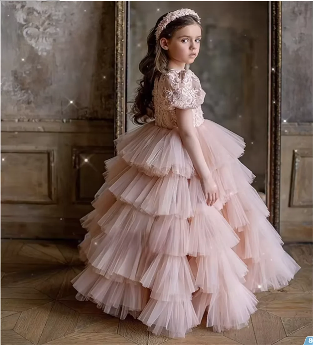 Robe en tulle brodée à plusieurs niveaux pour enfants, robe de reconstitution historique pour enfants, longue robe de soirée, rose, fleur, luxe, fête d'anniversaire, tout ce que vous voulez