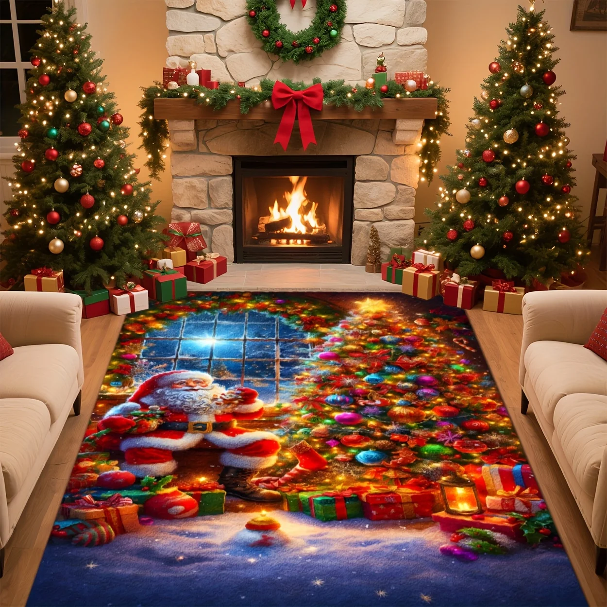 Christmas Floor Mat Santa Gift Print Rug Reindeer Snowflake Pattern Doormat Home Decor for Living Room Holiday Indoor Decoration