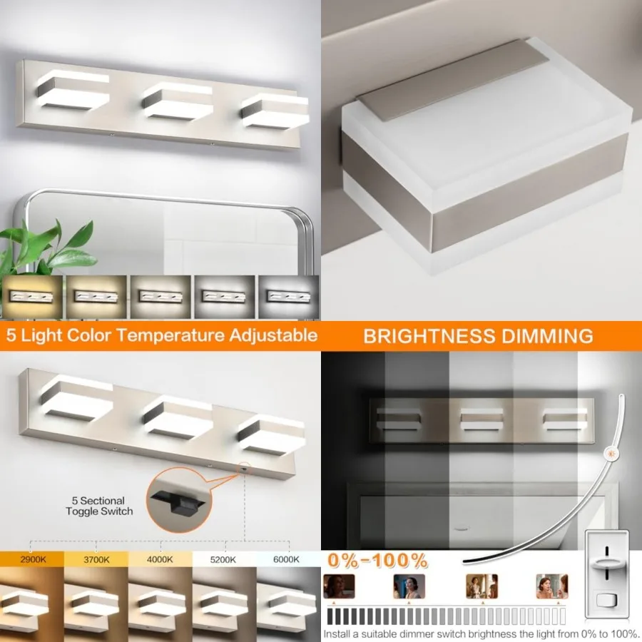 

Vanity Lightg Over Mirror, 3 Lights Brushed Nickel Bathroom Light, Modern LED Light Fixtures, 5 Color Temperature Adjustable Mo
