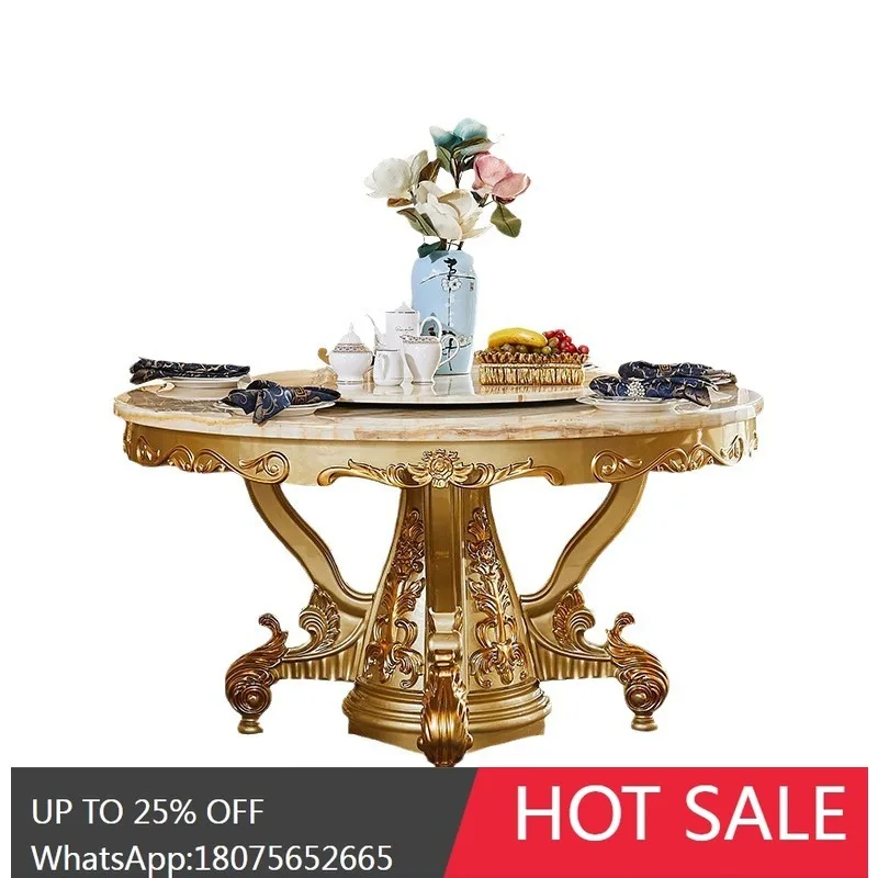 SGF European Style Dining Table Marble Surface Round Solid Wood Carved Table and Chair Set