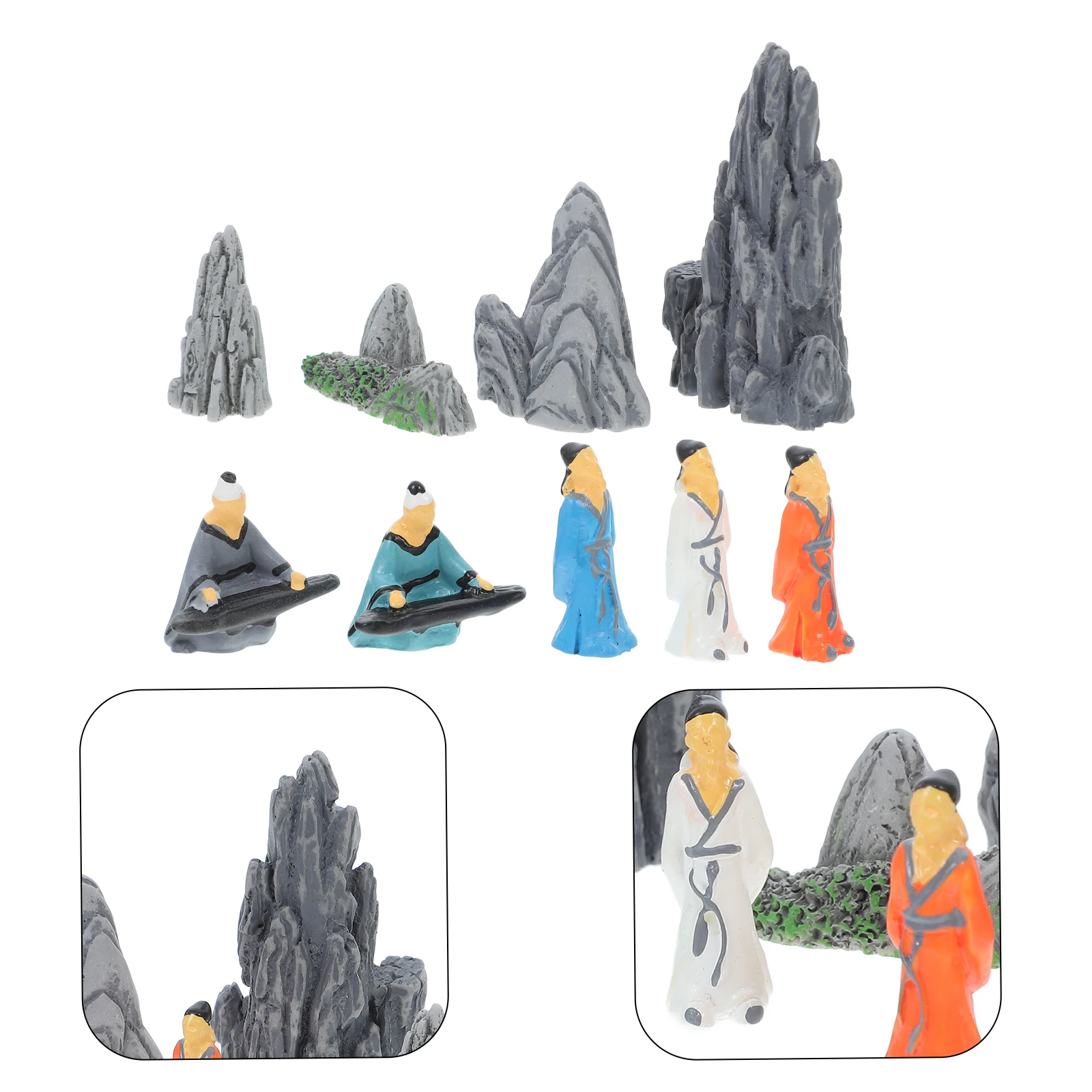 

9Pcs Miniature Bonsai Ornaments Resin Ancient Chinese Scholar Qin Player for Micro Landscape Garden Zen Rockery Decoration Fairy