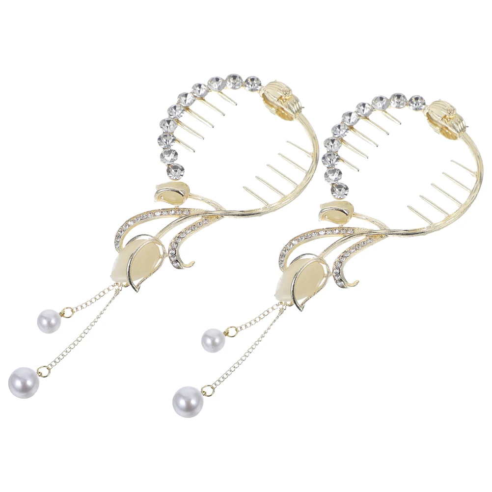 

2 Pcs Rhinestone Pearl Hair Clip Clips Girls Decorate Hairpins Ponytail Buckles Tassel