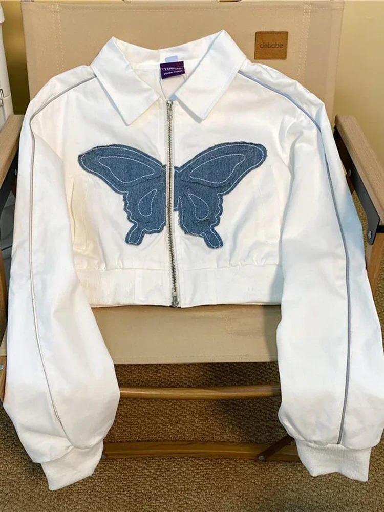 

Корейская бейсбольная куртка Bufferfly, женская американская винтажная уличная укороченная куртка с длинным рукавом, повседневный женский дизайн на молнии, топ
