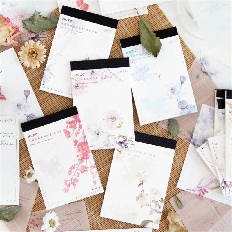 30Sheets Memo Notes Flowers Flowering Branch Ink Decorative Writing Background Handbook Material Scrapbooking 105*70MM
