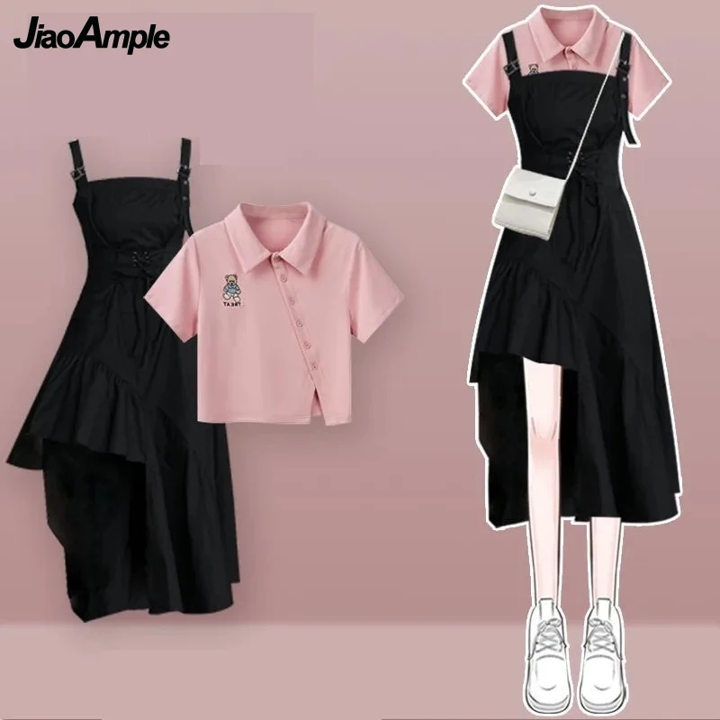 2024 Korean Elegant Summer New In Matching Set Women Fashion Short Sleeved T-shirt+Strap Dress Two Piece Female Chic Skirt Suit