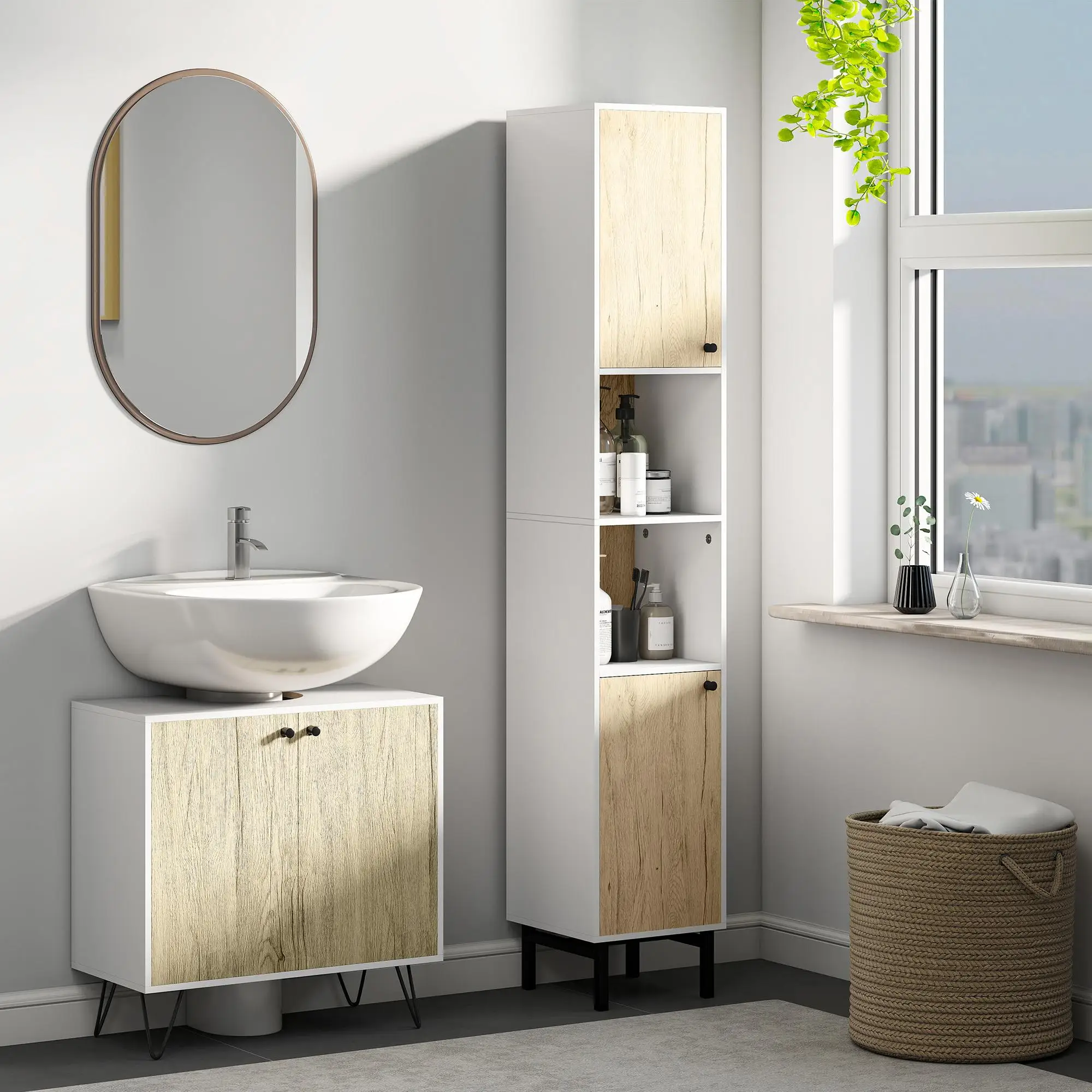 Armoire de salle de bain étroite de 169 cm de hauteur, aspect bois de chêne blanc, 31,5x30 cm, avec 6 compartiments et cloisons réglables en hauteur pour salle de bain