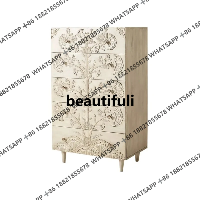 French retro art solid wood carving flower five buckets bedroom chest of drawers log storage locker