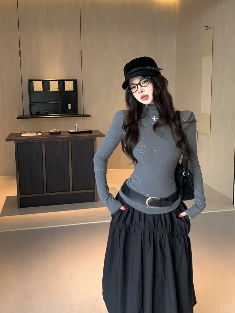 الحلو بارد سباركلي كم طويل أعلى المرأة السوداء ضئيلة عالية الرقبة المحملة حجر الراين التفاصيل لامعة تي شيرت فتاة الساخنة شيك الزي اليومي #5