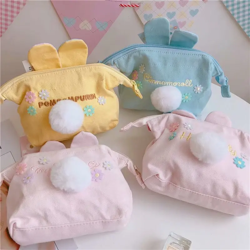 Kawaii Sanrio Canvas Cosmetic Bag Hello Kitty Cute Melody Lipsticks Makeup Large Capacity Portable Storage Zipper Pencil Bag