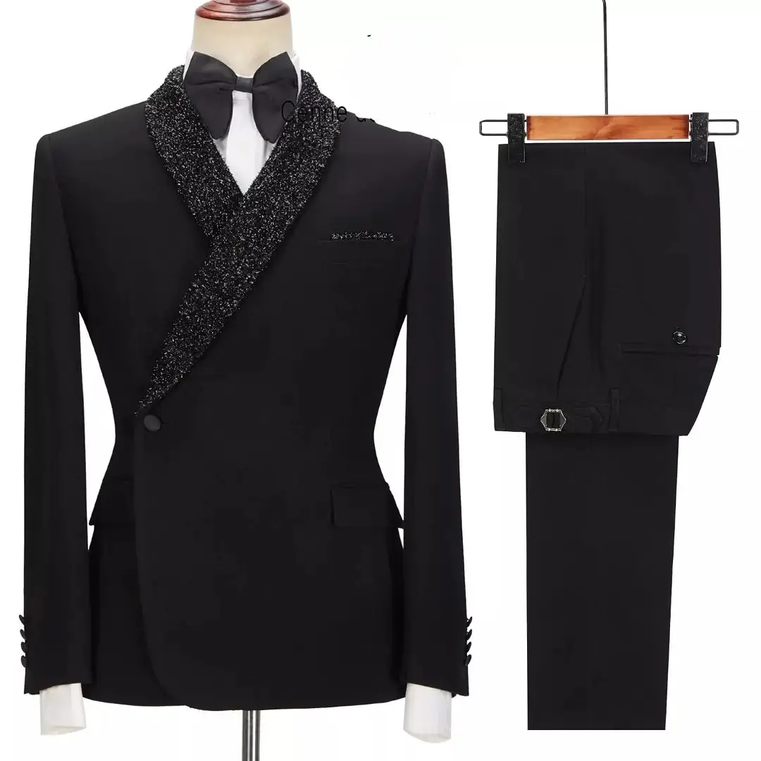 Marineblau Männer Anzüge Set 2 Stück Blazer Hosen Luxus glänzend Revers Bräutigam Hochzeit Smoking Ein Knopf Abschluss ball Mantel maßge schneiderte Jacke