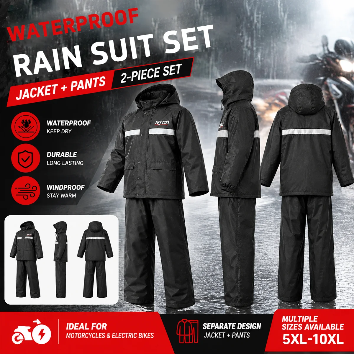 Plus Size Rain Suit, Extra Large Waterproof Raincoat for Men Women, Heavy Duty 2-Piece Rain Gear for Outdoor Riding