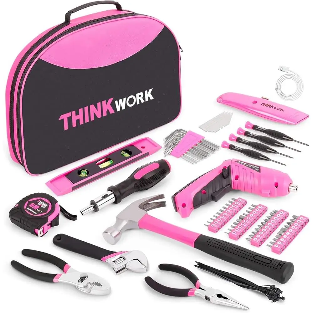 122 Piece Home Tool Set with 3.6V Electric Screwdriver Pink Toolkit Women Easy Carrying Round Pouch