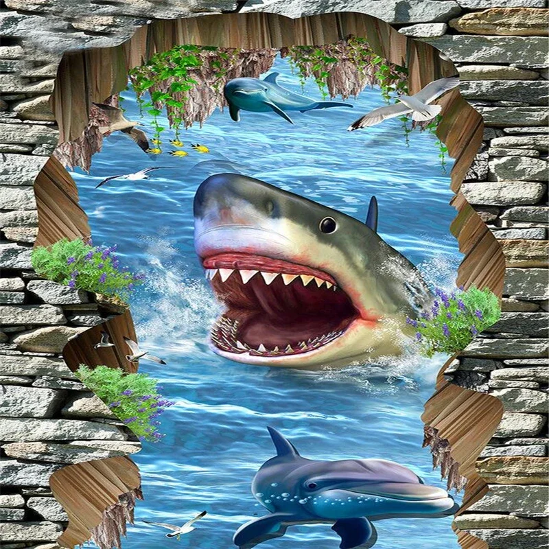 beibehang 3D floor wallpaper marine world shark 3D stereo outdoor painting floor vinyl floor waterproof self-adhesive wallpaper