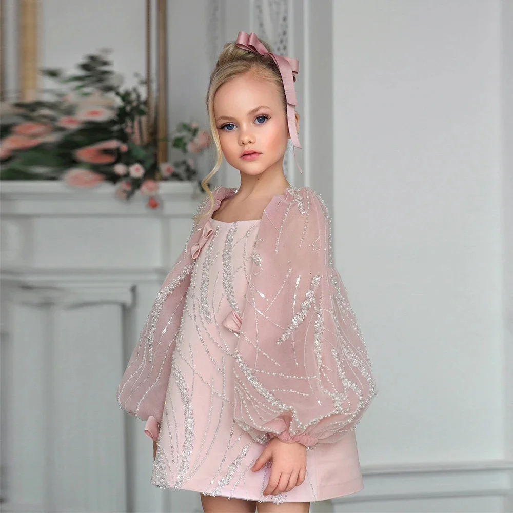 

Розовое платье с цветочным узором для девочек по индивидуальному заказу, свадебное платье с блестками и длинными рукавами, роскошное бальное платье для дня рождения, вечеринки, банкета