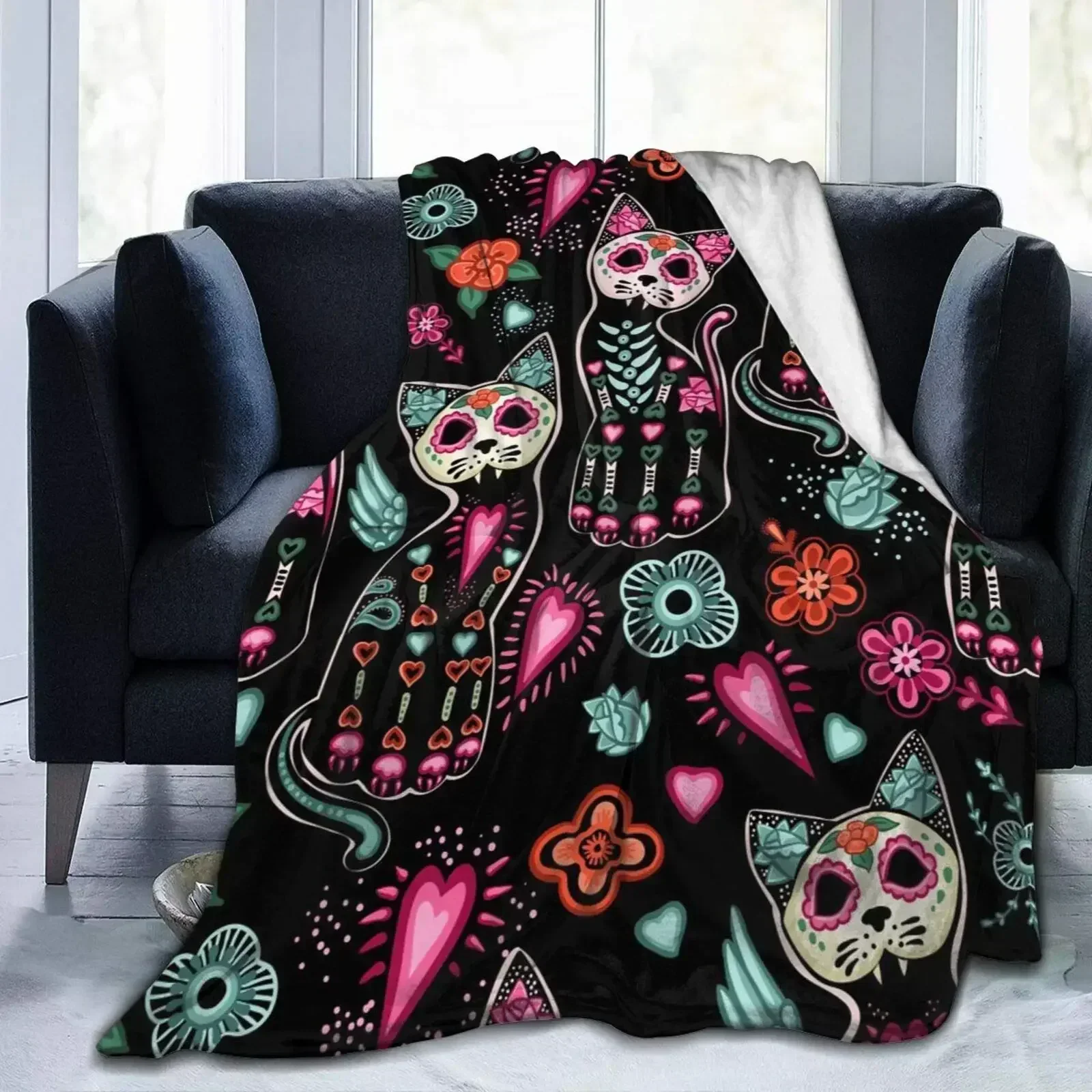 

Halloween Blanket Gifts,Day of The Dead Cat Kitten Sugar Skull Throw Blanket Soft Lightweight Flannel Blanket for Bed Sofa Couch
