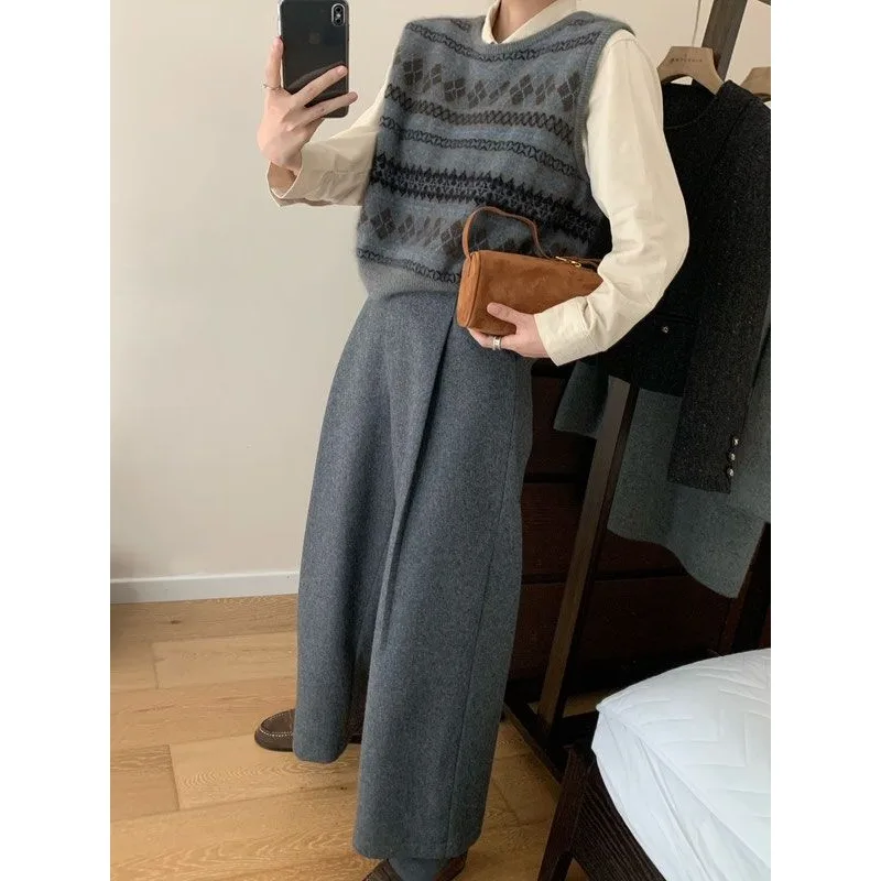 冬の新作スリムで多用途な厚手のルーズウールパンツ、女性用シンプルで上品なワイドレッグパンツ