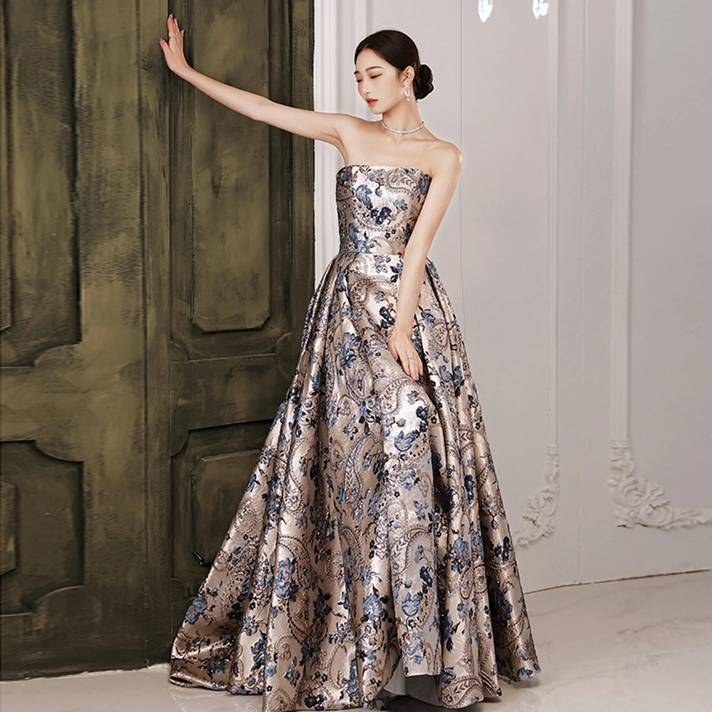 

Women's Floral Print Strapless Evening Gown 2025 New Light Luxury Sequin Ball Gown Waist-Cinching A-Line Lace Up Party Dress