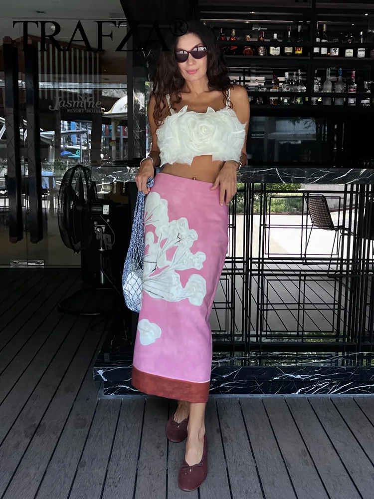 TRAFZA 2024 Summer Woman\'s Pink Floral Printed Skirt Slit Long Skirt Y2K Female Elegant Style Straight Skirts Beach Holiday