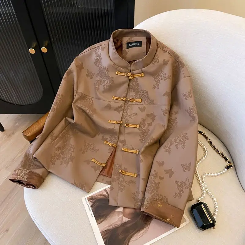 2025, Frühling Herbst Frauen Chinesischen Tang Kostüm Dobby Blumenmuster Mantel, Frau Schwarz Khaki Blume Jacquard Vintage Lose Mäntel