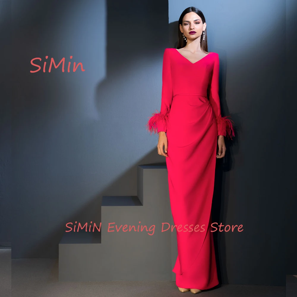 

Simin Crepe V-neck Saudi Long Sleeves Feather Button Sheath Prom Simple Floor Length Arab Evening Party dresses for women 2024