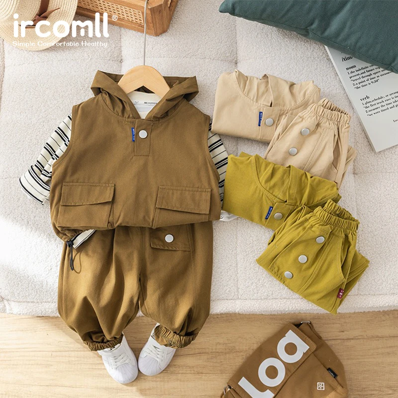 

Ircomll Children Fashion 3PCS 2025 Spring New Casual Children's Sets Hooded Top Vest+T-Shirt+Pants Boy Girl Children's Set 1-6Y