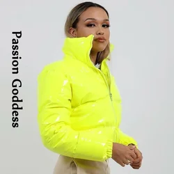 Zimowe damskie błyszczące pcv/winylowe puchowe kurtki krótkie rozdymka Bomber Jacket jasna skóra PU przycięte parki dół ciepłe Zipper Outcoats