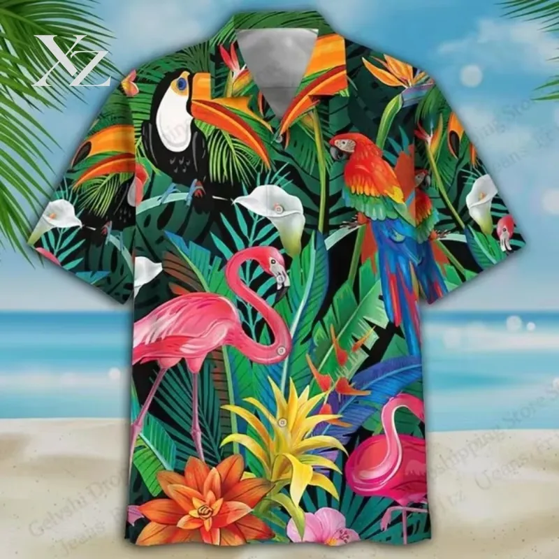 Camisa hawaiana de verano para hombre, con estampado 3D de flamencos, manga corta, camisa informal para la playa, blusa para vacaciones, ropa de hombre, estampado floral.