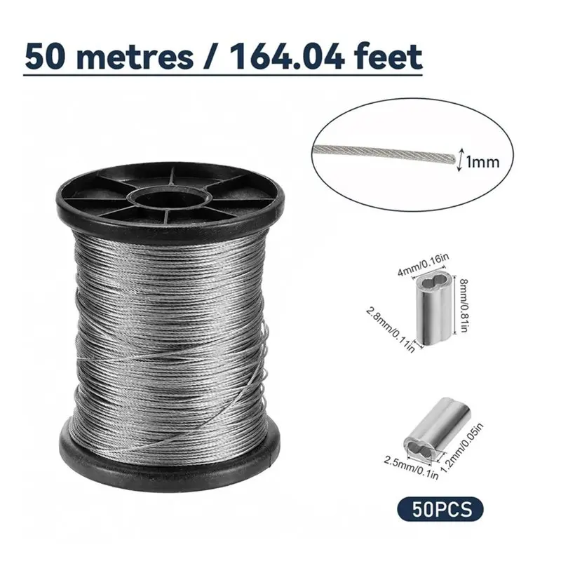 RMWIN-Aluminium Crimp Sleeves 50 Pieces For 1 Mm Stainless Steel Wire Rope Cable 50 M For Versatile Use