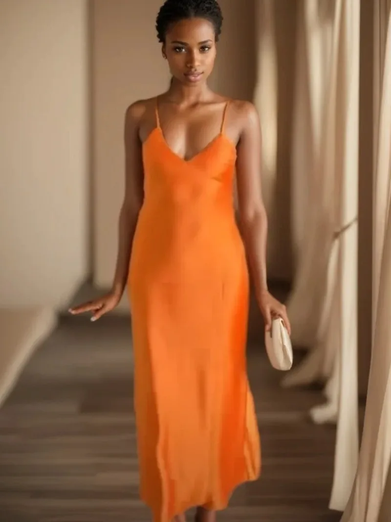 Nuevo vestido de verano con escote en V profundo y textura satinada con tirantes y cuello en V, vestido largo de fiesta con espalda descubierta para Mujer, vestido de noche elegante para Mujer