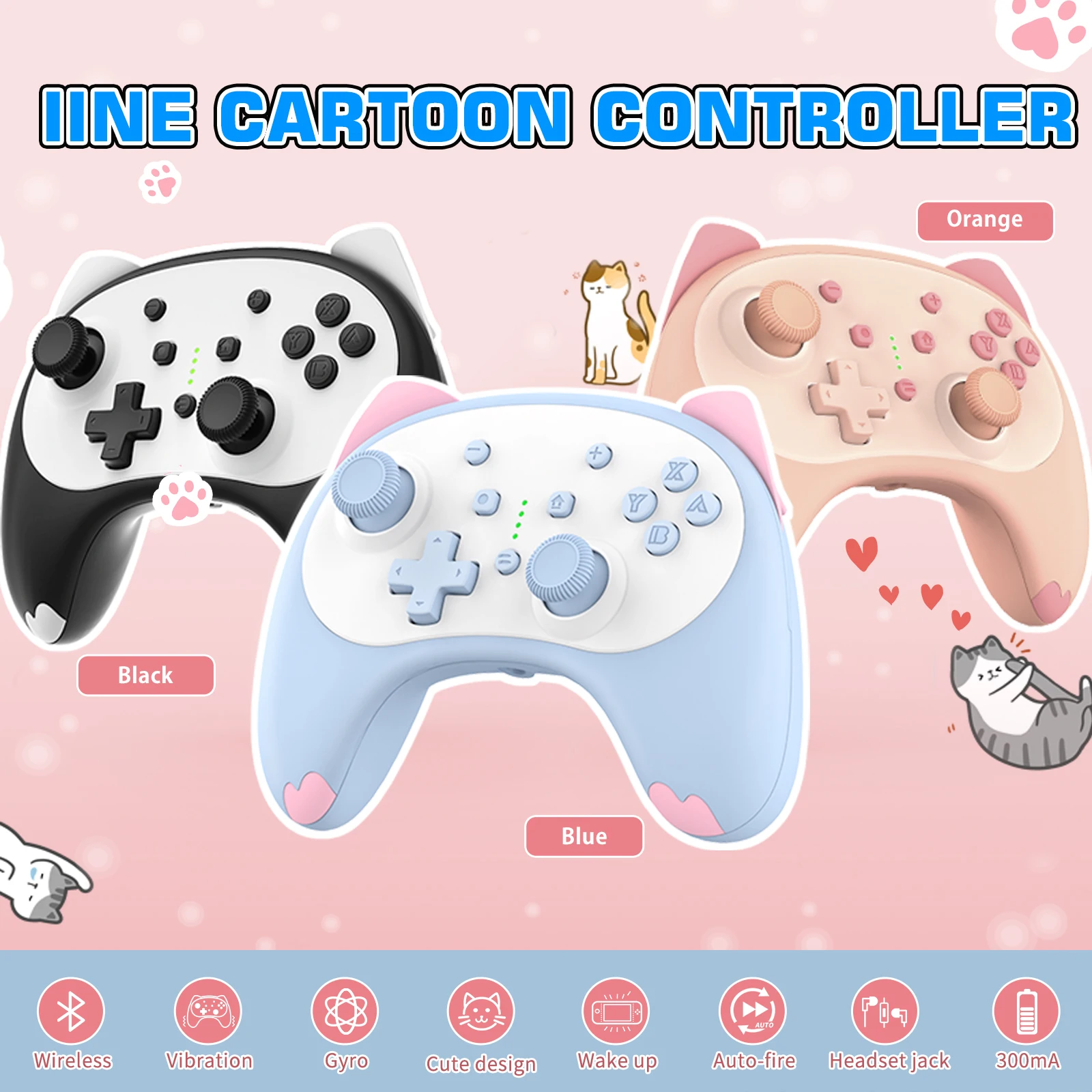 IINE Cartoon Kitten Wake Up Voice Wireless Controller Headset Support Compatible Nintendo Switch/Switch lite/Switch OLED