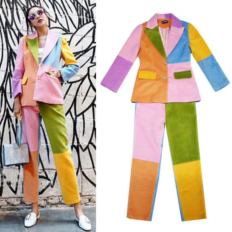 New Autumn Spring Women's Pants Suits Office Woolen Blazer Macaron Spliced Patchwork Pants Set Young Laides Party Suits NZ262