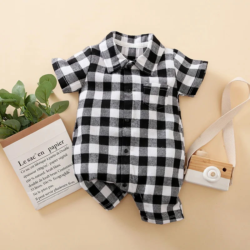 Summer Boys And Girls Literary Style Checkered Shirt Casual Comfortable Short Sleeve Baby Bodysuit