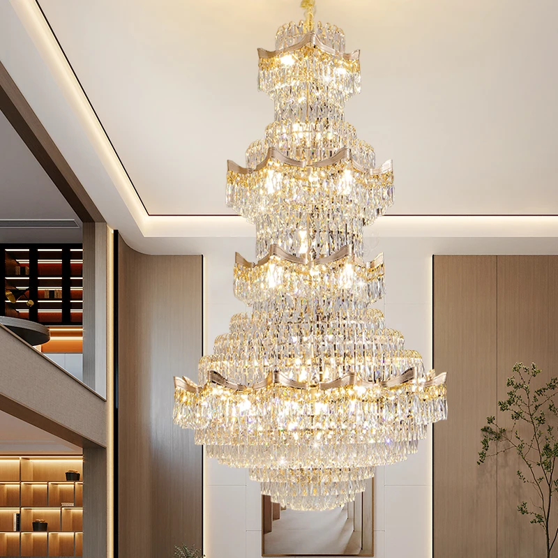 Duplex Building With Empty Living Room Crystal Chandelier Villa Mid Floor Lobby Chandelier Hotel Lobby Staircase Long Pendant