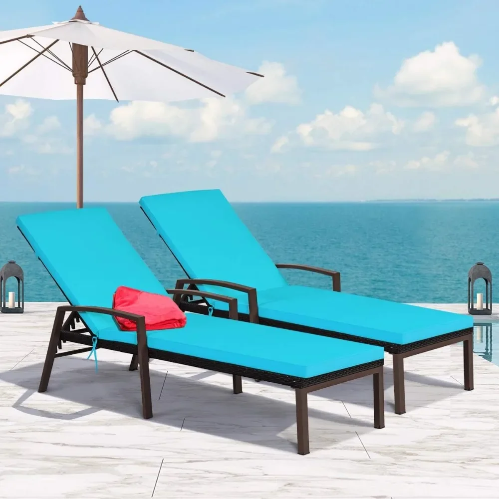 

2 PCS Outdoor Loungers with Cushion and Armrest with Adjustable Backrest, Rattan Outdoor Lounger