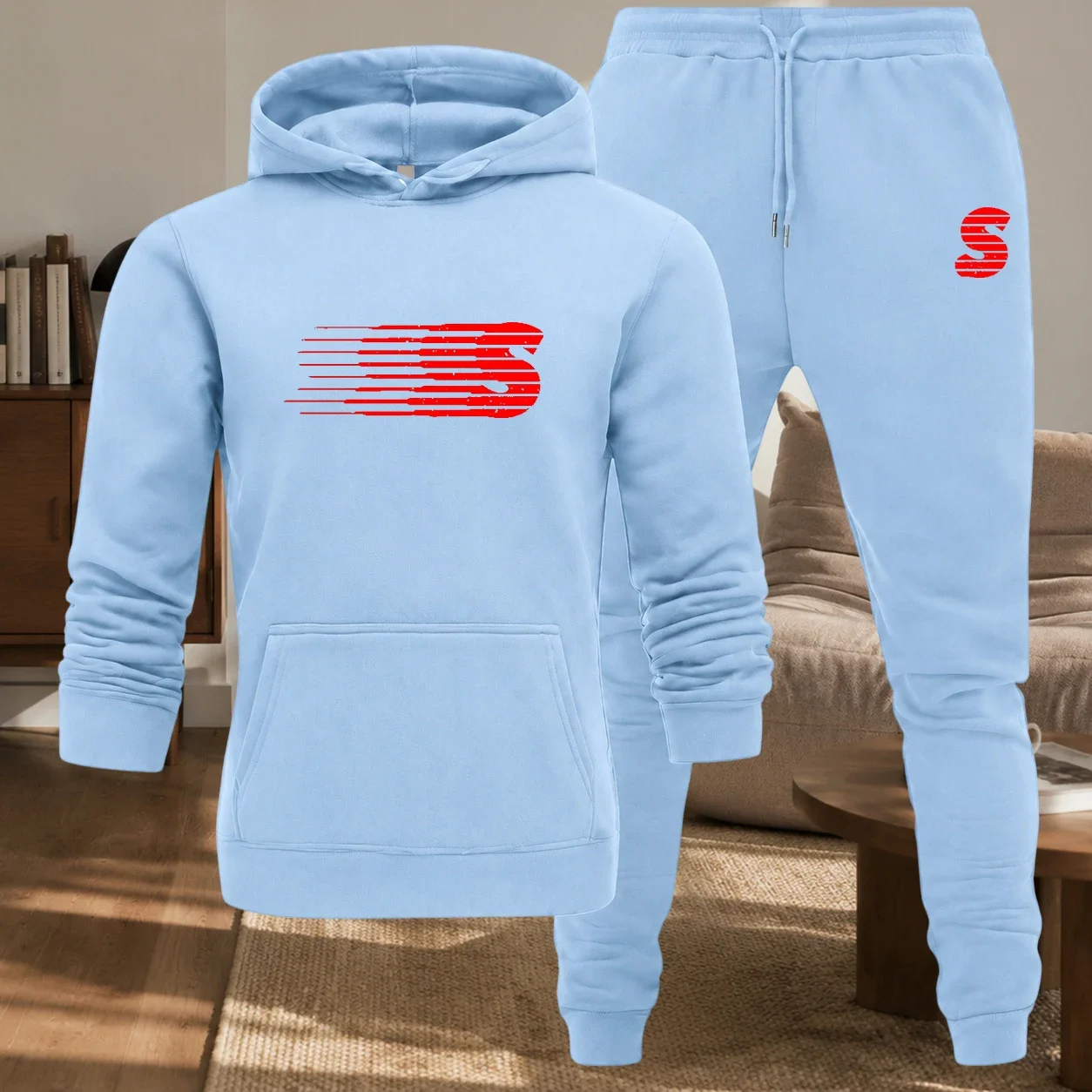 Men's Letter Printed Casual Hooded Sports Suit -100% Polyester Fiber Long Sleeved Pullover with Drawstring Running Pants