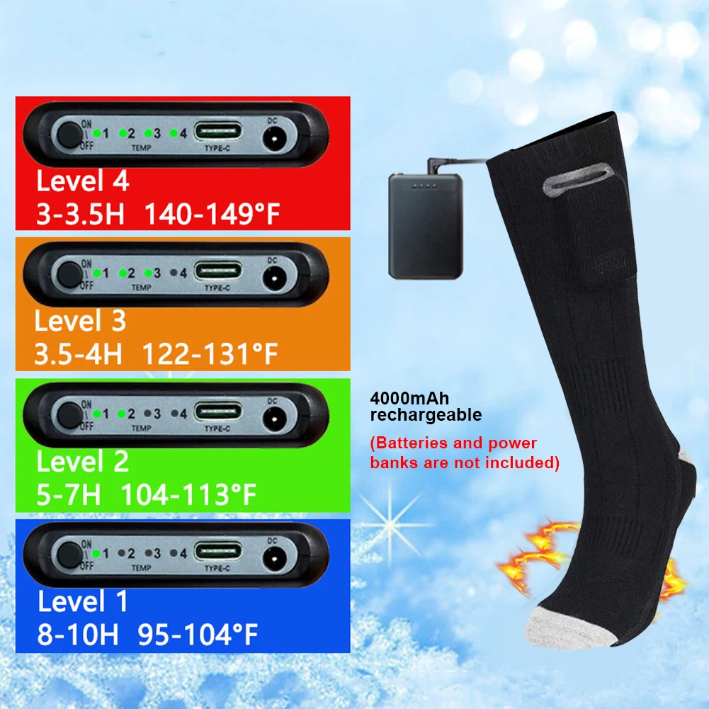 1 Pair Heated Socks Winter Warmth 3 Modes Winter Thermal Socks Washable Heating Socks Outdoor Ski Heated Boots Skiing Sock