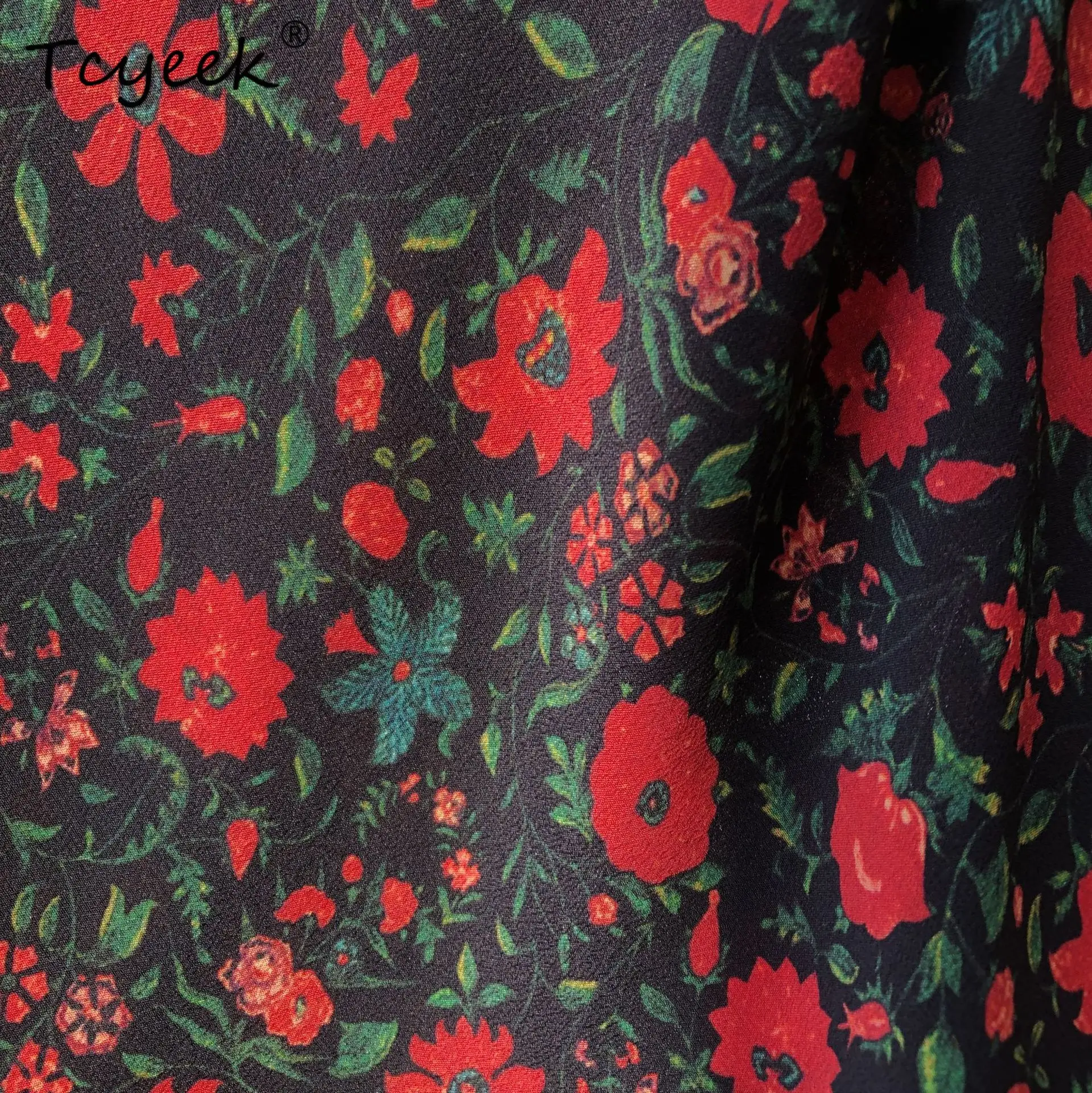 Tcyeek, 17MM Natrual Silk Elegant Dress, Women Spaghetti Strap Flower Print, French Retro Sexy Dresses, 2024 Summer D458134QC