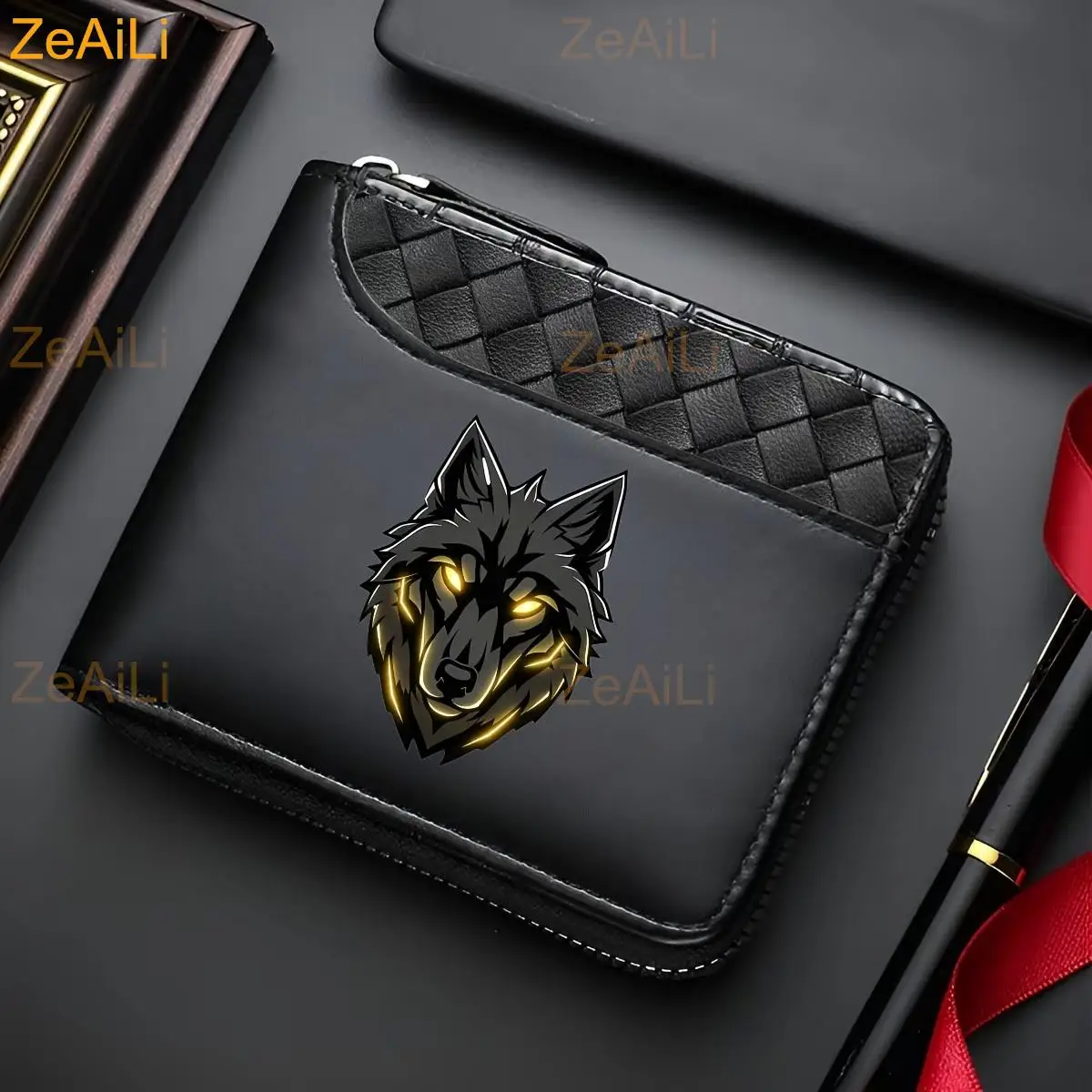 Wolf Head Men's Luxury PU Wallet | Black, Zipper Closure, Multiple Card Slots, Large Capacity, Stitched Design Perfect Gift