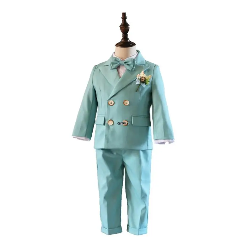 Children Light Green Luxurious 5Pieces/Set Jacket Vest Pants Bowtie Flower Wedding Dress Boys Photograph Suit Kids Party Costume